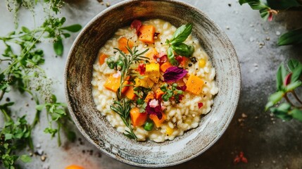 A captivating overhead image of creamy risotto featuring seasonal vegetables, artistically arranged in a bowl, emphasizing its rich colors and textures with a blurred background for focus.