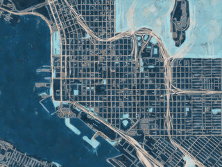 Painterly Style City Map of San Diego Center California, USA in a Blue Color Scheme.