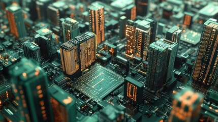 Futuristic Cityscape Rendered on a Circuit Board