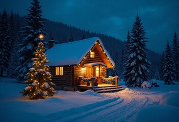 A serene winter night scene with a charming cabin lit warmly against a snowy backdrop, accompanied by a glowing, decorated Christmas tree