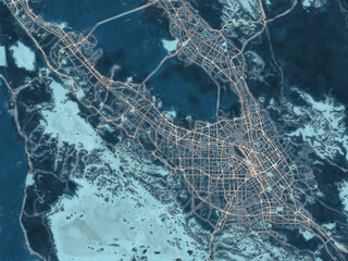Painterly Style City Map of San Jose Greater California, USA in a Blue Color Scheme.