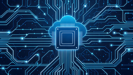 Abstract chip circuit board background. Technology connected blue lines with electronics elements on tech bg. Computer motherboard with a chip, processor, and semiconductor. Digital 3D illustration