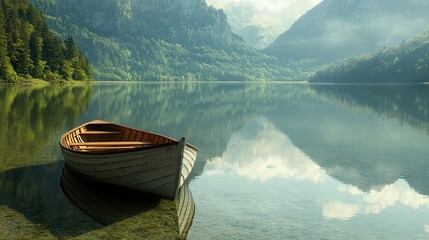 A charming photograph of a boat anchored in a mountain lake, with picturesque reflections of the surrounding landscape creating a serene atmosphere perfect for relaxation and contemplation. -