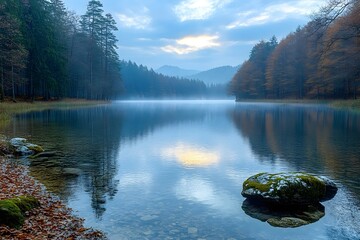Naklejka premium A serene lake nestled amidst a forest, with mist rising from the water and a bright sky reflected on the surface.