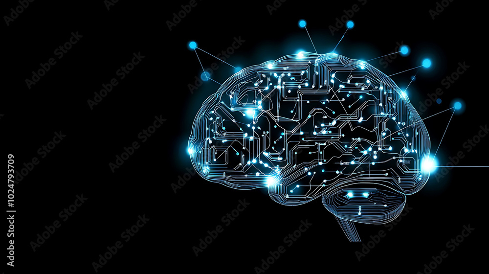 Aufkleber a glowing blue digital brain with circuit board patterns and connected dots representing neural path