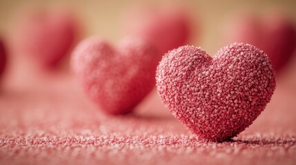 Obraz premium Soft pink heart-shaped decorations made from granulated sugar are scattered across a textured surface, evoking a warm and romantic atmosphere. Perfect for celebrations or as gifts, they add a delightf