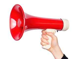 Bold announcement: hand holding red megaphone for communication and marketing designs