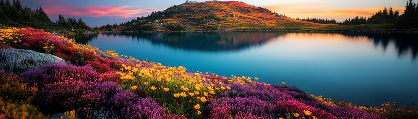 Vibrant wildflowers in full bloom by a tranquil lake at sunset, set against a backdrop of rolling hills and a colorful sky.