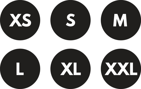 Clothing sizes icon set . Clothing size labels set XS, S, M, L, XL, XXL. Vector illustration