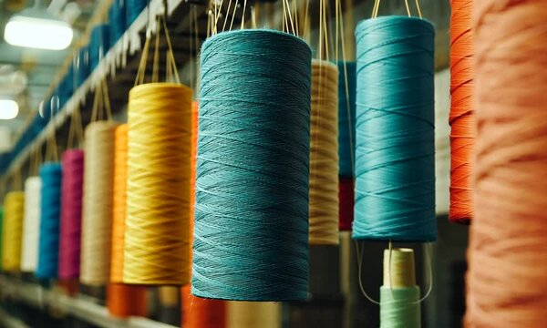 Colorful Thread Spools in a Textile Factory