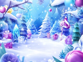 Whimsical winter wonderland scene with festive decorations, sparkling snow, glowing trees, and charming holiday gifts.