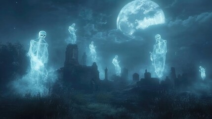Obraz premium A spooky Halloween night filled with multiple ghostly apparitions, some skeletal, others transparent, floating across a moonlit graveyard