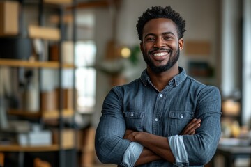 Obraz premium A cheerful man stands confidently with his arms crossed in a contemporary office setting.