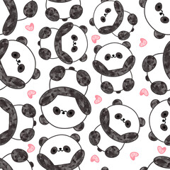 Watercolor cute hand drawn panda bear with pink hearts flying, seamless pattern background.