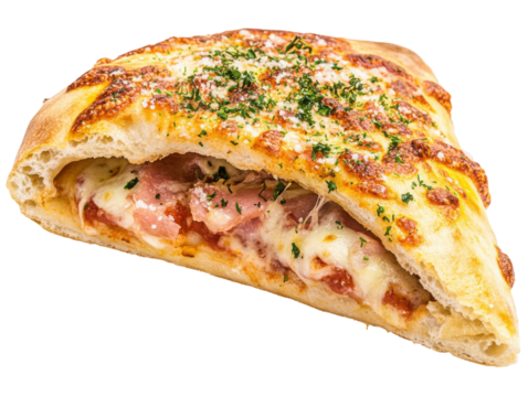 Delicious cutaway calzone pizza with savory fillings