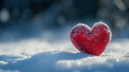 Fototapeta premium A vibrant red heart stands out against the white snow, glistening under soft sunlight. The heart is coated with a thin layer of frost, creating a beautiful contrast that symbolizes warmth amidst the c