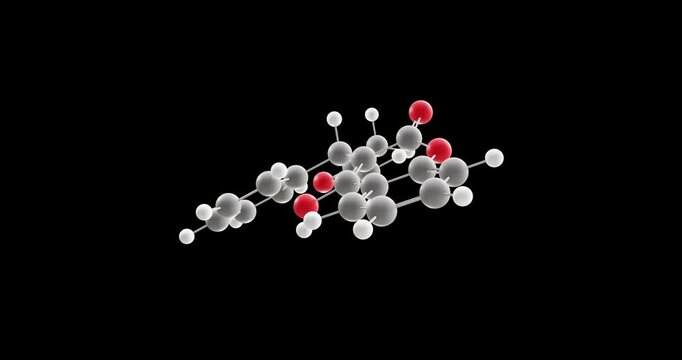 Warfarin molecule, rotating 3D model of anticoagulant rodenticides, looped video on a black background
