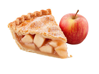 Classic apple pie slice with fresh apple on white plate for culinary and baking themes
