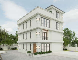 3D Rendering of a modern apartment building exterior in the evening view with lawn grass.