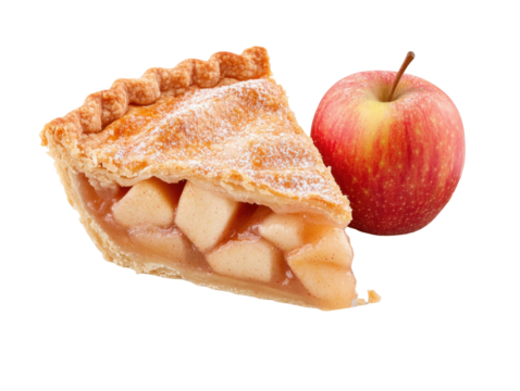 Classic apple pie slice with fresh apple on white plate for culinary and baking themes