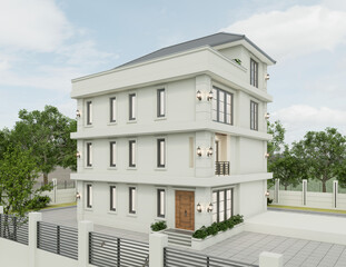 3D Rendering of a modern apartment building exterior in the evening view with lawn grass.