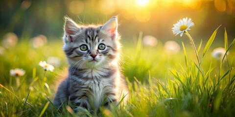 Obraz premium A Curious Kitten Gazes at a Single White Daisy in a Sunlit Field of Green Grass