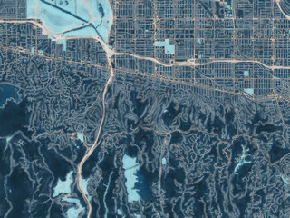 Painterly Style City Map of Sherman Oaks  California, USA in a Blue Color Scheme.