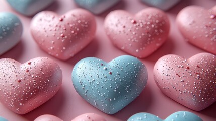 Obraz premium Shimmering blue heart surrounded by pink hearts on a soft background, perfect for love celebrations. Ideal for expressing passion and joy