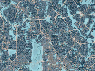 Painterly Style City Map of Silver Spring  Maryland, USA in a Blue Color Scheme.