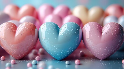 Obraz premium Blue heart is standing out from the crowd of pink hearts on a blue background with glitter. Concept of being different, unique, authentic, diversity and inclusion