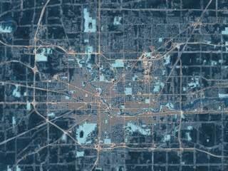 Painterly Style City Map of South Bend Indiana, USA in a Blue Color Scheme.