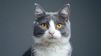 Grey and white domestic short-haired cat sitting with its head straight, looking forward with intense yellow eyes on a grey background