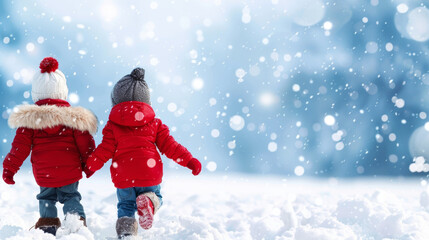 Two kids in red coats walk hand in hand through fresh snowflakes in a tranquil winter wonderland, copy space