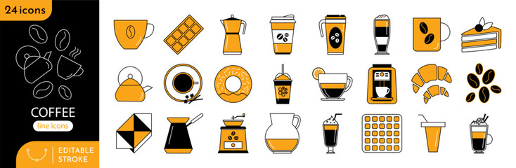 Set of 24 outline icons related to classification of coffee and tea. Linear collection. You can edit strokes. Perfect pixel. Contains icon designs for coffee, tea and chocolate.