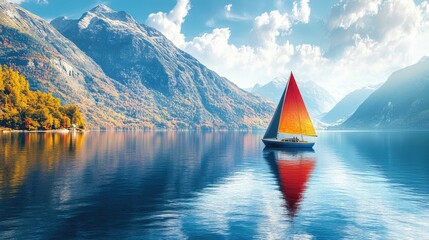 Fototapeta premium A delightful view of a colorful sailboat on a calm blue lake, surrounded by stunning mountains, capturing the perfect blend of adventure and relaxation in a breathtaking landscape.