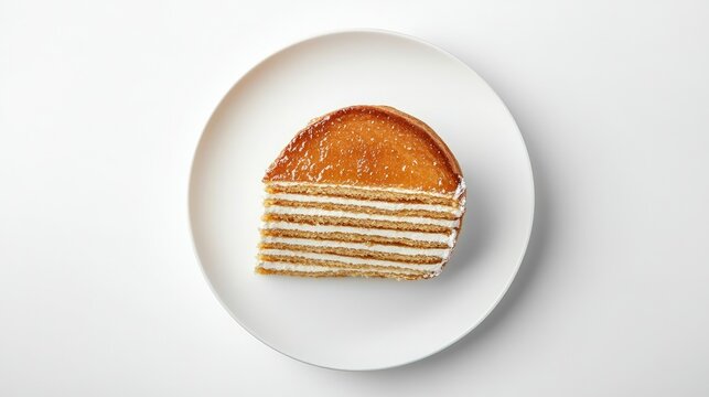 A detailed top view of a traditional Russian honey cake, Medovik, with tender sour cream layers, served on a white plate, isolated on a clean background, emphasizing its golden layers.