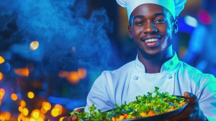 Smiling chef presenting a dish of freshly prepared vegetarian cuisine in a vibrant kitchen
