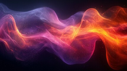 Obraz premium Captivating colorful particles flow in abstract wave against dark backdrop, evoking power and magic. Swirling red, orange, purple, blue, and pink hues create cosmic design