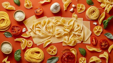 A flat lay of fresh pasta ingredients, including sheets of pasta, sauces, and garnishes, all artistically arranged to create a mouthwatering Italian cooking scene, perfect for culinary promotions.