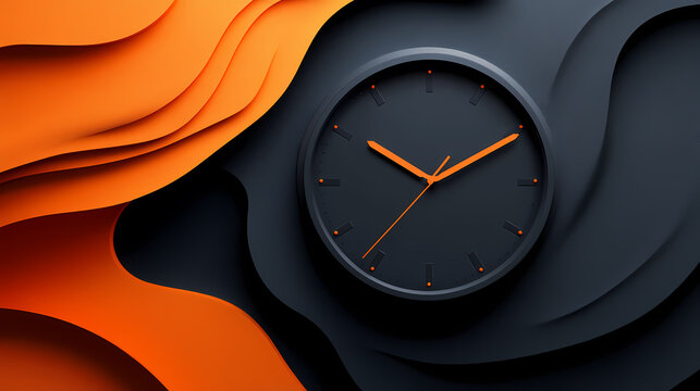 A black clock with orange hands sits against a backdrop of black and orange wavy abstract shapes.