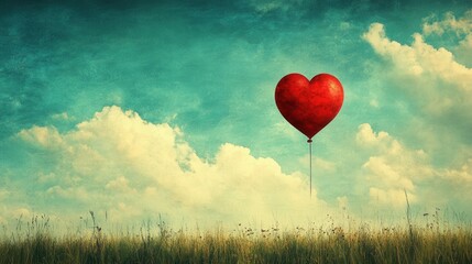 A bright red heart-shaped balloon drifts gently in a clear blue sky filled with fluffy clouds, hovering above a tranquil green field.