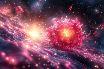 This image captures a vibrant cosmic explosion, symbolizing dynamic energy and transformation within the universe. The abstract, colorful composition highlights cosmic vitality.