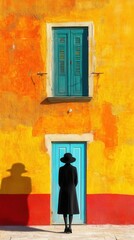 A solitary woman dressed in black is standing before a bright orange and red wall, featuring a closed blue door at the bottom and partially-open window above, casting shadows.
