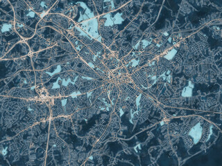 Painterly Style City Map of Spartanburg South Carolina, USA in a Blue Color Scheme.