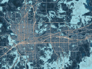 Painterly Style City Map of Spokane Metro Washington, USA in a Blue Color Scheme.