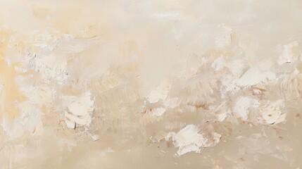 Thick oil paint layered on surface, creating textured artwork in neutral tones with vintage feel. Cream and beige colors blend elegantly