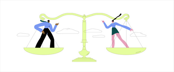 Gender equality, workplace fairness, justice or law, diversity corporate employee, comparison or balance scales, equilibrium concept, businessman and businesswoman colleagues on balance equal scales.