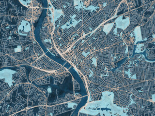 Painterly Style City Map of Springfield Massachusetts, USA in a Blue Color Scheme.