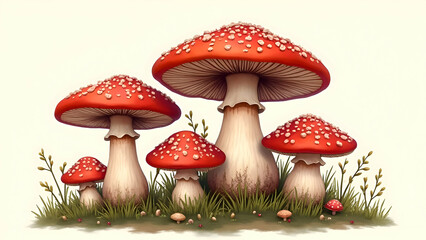 Fly agaric mushrooms on white