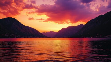 A panoramic view of Kotor's bay at sunset, showcasing the silhouette of the mountains against a backdrop of fiery orange and deep purple skies, creating a serene and picturesque scene.